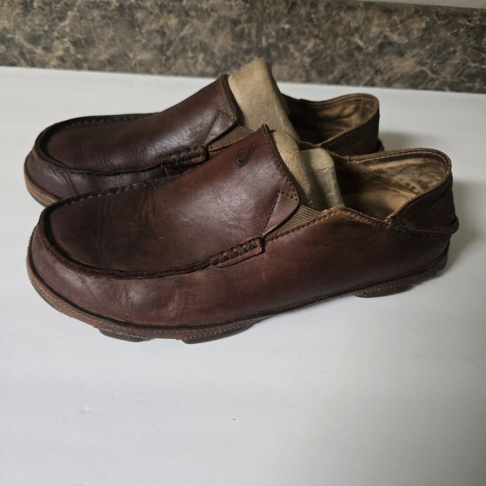 OLUKAI Moloa Men's Leather Ray/Toffee Slip On Shoes 10128-2733 Size 9